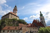 Český Krumlov from the lower part of the town, with a view of the castle and the Church of St. Vitus.